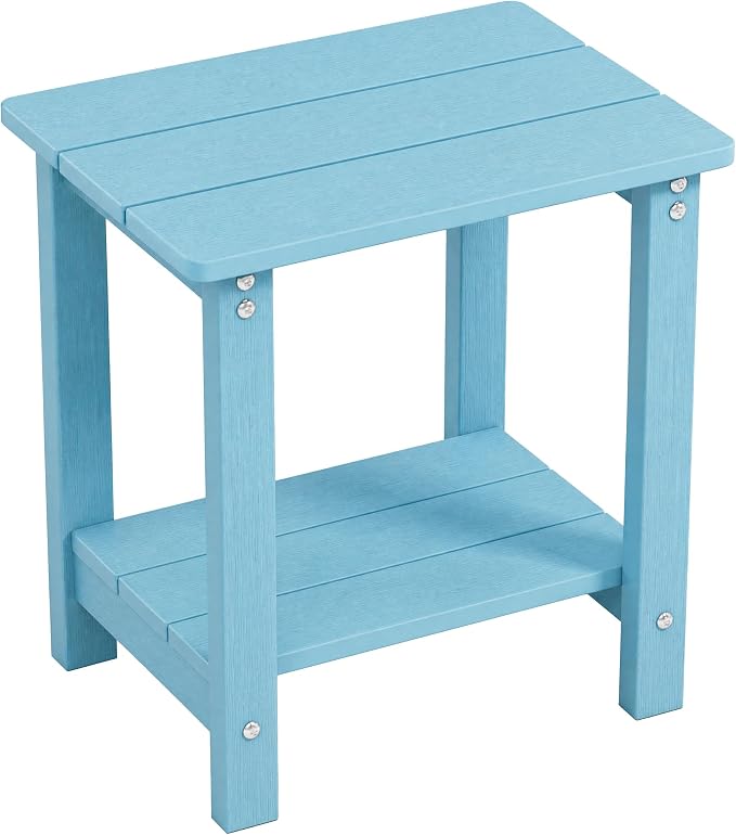 MXIMU Outdoor Side Table 2 Tier: Heavy-Duty Sturdy Warp Resistant Adirondack Table - Wood Grain Finish Outdoor End Tables - Easy Assembly & Low Maintenance Patio Side Table Blue