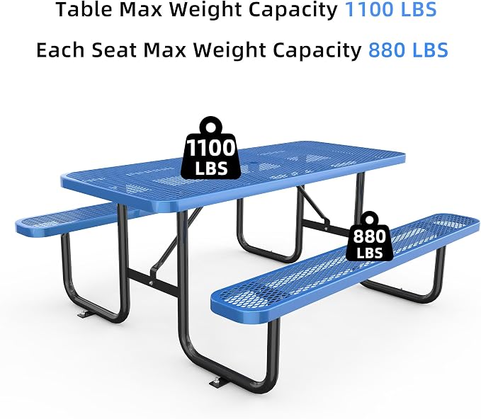 KEIKI 72" Heavy-Duty Metal Picnic Table with Benches, Commercial Outdoor Steel Table with 2.12" Umbrella Hole, 2.5mm Mesh Top, Rust-Resistant Coating, Patio Backyard Park Dining Furniture, Blue