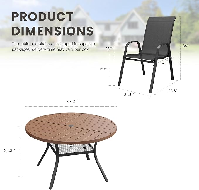 7 Pieces Outdoor Dining Set, 47.3" Spliced Patio Table with Umbrella Hole & Stackable Outdoor Dining Chairs, Patio Furniture Set for Deck Garden Porch, Black Chairs & Walnut Table