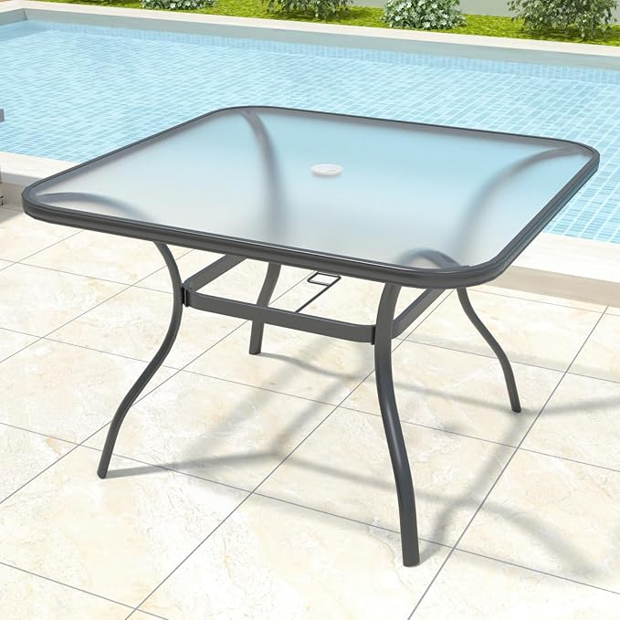 Anmutig Square Outdoor Dining Table for 4 Person, 37 inch Glass Top, Black Powder-Coated Frame with Umbrella Hole Outdoor Furniture