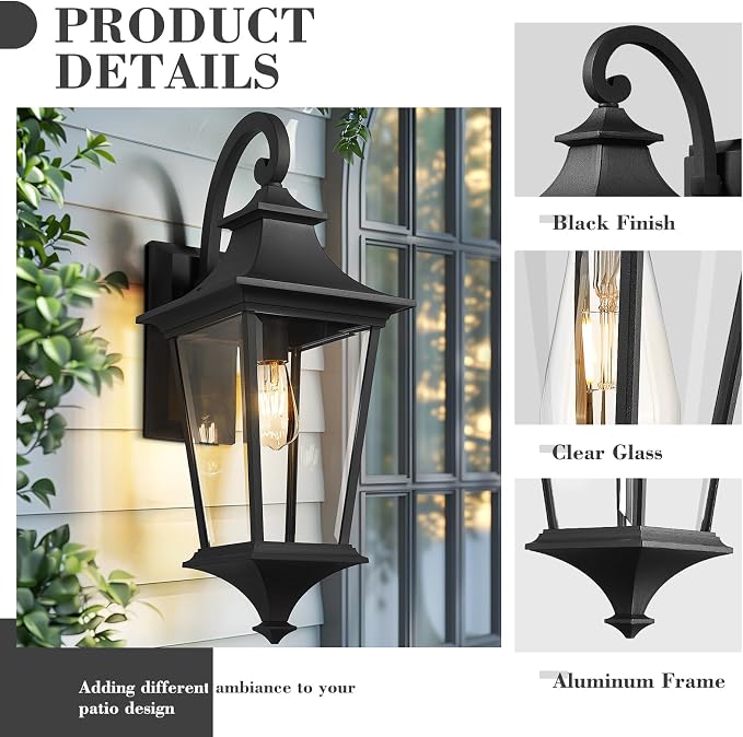 Emliviar 29.3 Inch Trendy Outdoor Wall Sconce, Large Exterior Wall Light for Porch Patio, Clear Glass in Black Finish, XE292B-L BK