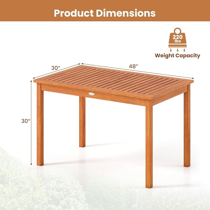 Tangkula 48 Inches Wood Outdoor Dining Table for 4-6 People, Rectangular Patio Table with Slatted Tabletop, Outside Dining Furniture for Lawn, Garden and Backyard