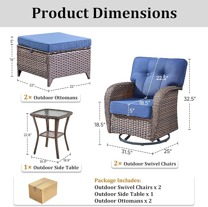 Patio Furniture Set, 5PCS Outdoor Wicker Conversation Set, High Back Rattan Sofa & Swivel Rocker Chairs, Weather Resistant Olefin Fabric for Garden, Poolside Brown/Blue