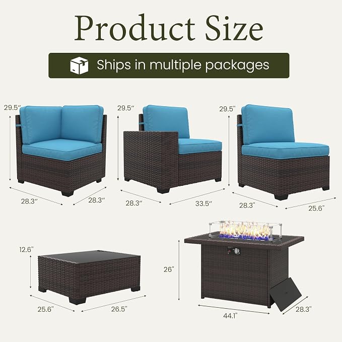 LayinSun 13 Pieces Outdoor Patio Furniture Set with 44" Fire Pit Table Brown Rattan Sectional Sofa Conversation Sets