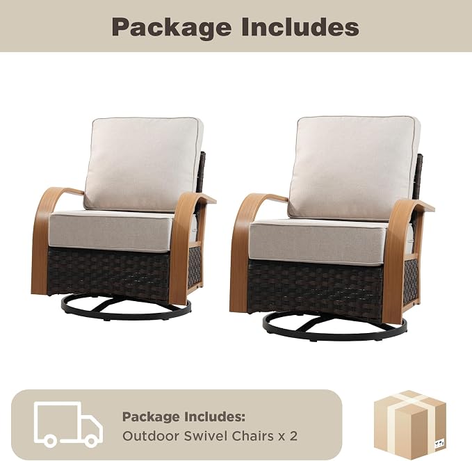 Belord Outdoor Swivel Chairs Set of 2, Wicker Rocking Chair with 6-Inch Thick Cushions, All Weather Rattan Rocker Patio Chair, Patio Furniture Set for Balcony Porch Deck Yard, Wood & Beige
