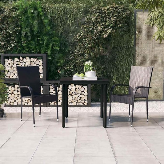 3 Piece Patio Dining Set Black Outdoor Rattan Dining Table with Glass Top and 2 Chairs, Powder-Coated Steel Frame Waterproof Furniture for Garden, Balcony, Backyard, Deck Entertaining