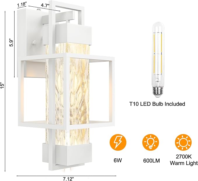 Modern Outdoor Wall Porch Lights 2 Pack, 15" Exterior Sconce Waterproof Dusk to Dawn Lighting, White