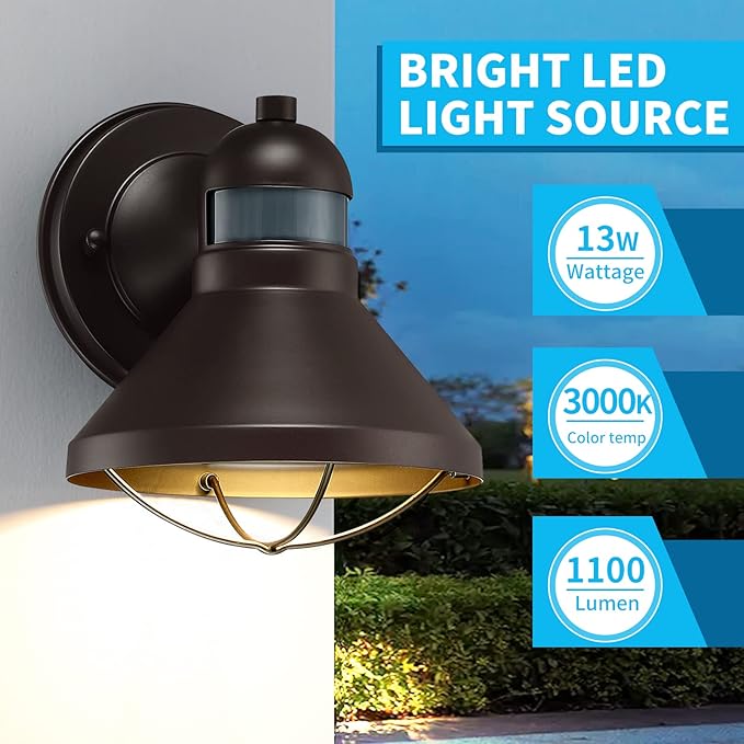 2 Pack Dusk to Dawn Motion Sensor Outdoor LED Wall Light Fixtures | Exterior Barn Light Fixtures Brown Outside Porch Lantern Farmhouse Wall Mount Garage Lamp for House Patio Front Door