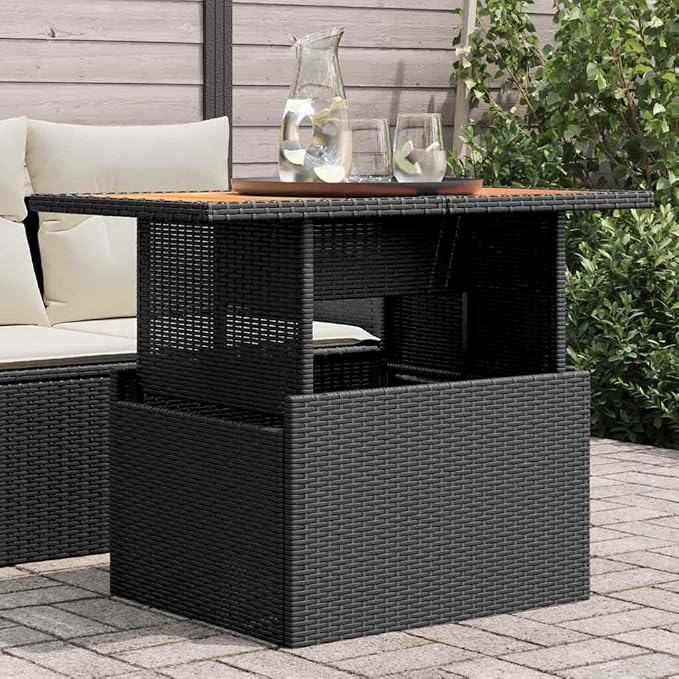 Outdoor Garden Table 39.4x21.7x28.7 Inch Poly Rattan and Acacia Wood Adjustable Coffee Dining Table for Patio Backyard