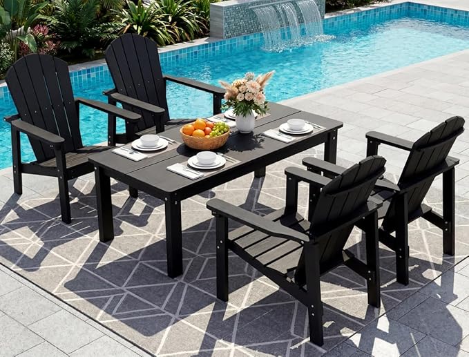 nevilywood 5-Piece HDPE Adirondack Chair Set, 4 Stackable Chairs Coffee Table, All-Weather Wood Grain, Patio Garden Backyard,Black