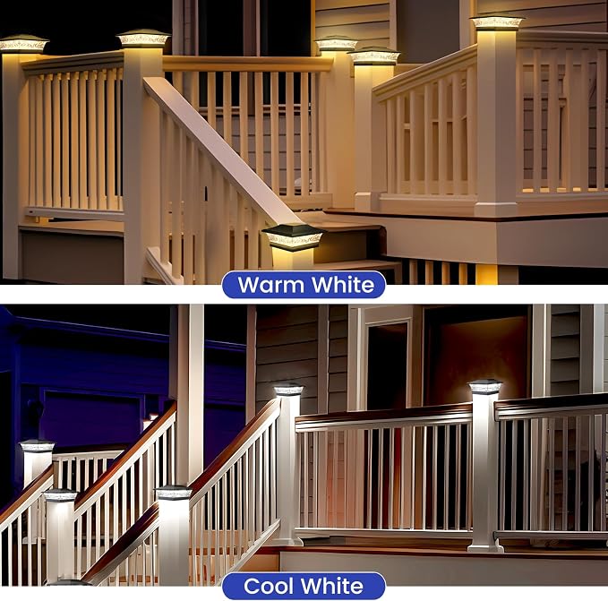 APONUO Solar Post Cap Lights 12 Pack for 4x4 5x5 6x6 Wood & Vinyl Fences - IP65 Waterproof, All-Night Auto On/Off, Warm/Cool White Light, Outdoor Deck Patio Garden (Black)