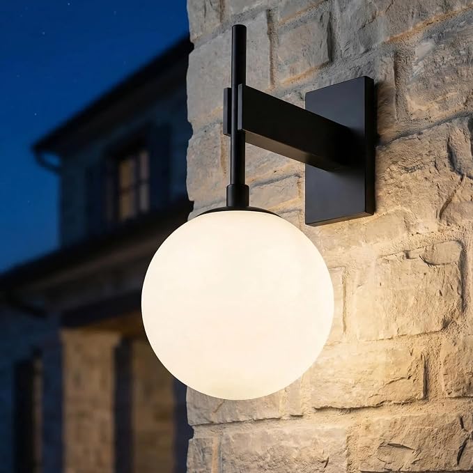 Hyunbae Modern Globe Outdoor Wall Sconce, 18.1" Large Black Porch Lights | E26 Front Porch Light, White Globe Glass Shade, IP65 Waterproof Exterior Lighting Fixtures, Garage Patio Entryway Use