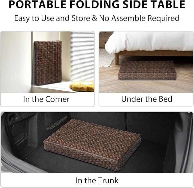 23.6" Rectangular Patio Side Table,Small Folding Wicker End Tables,All-Weather Rattan Coffee Table,Bistro Dining Tables,with Steel Frame,for Lawn Garden Backyard Deck Porch Poolside Balcony (Brown)