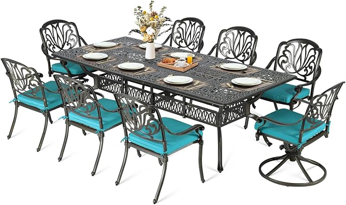 MEETWARM 9-Piece Outdoor Patio Dining Set, All Weather Cast Aluminum Patio Funiture Table and Chairs Set- 94.5” Rectangular Table and 2 Swivel Rocker Chairs, 6 Stationary, Umbrella Hole, Ocean Blue