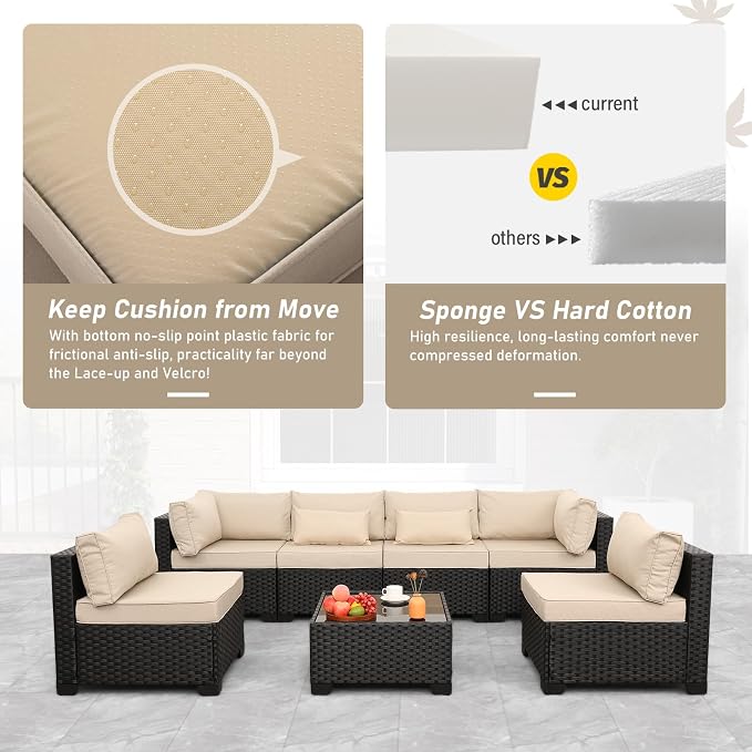 Lviden 7 Pieces Outdoor PE Wicker Furniture Set Patio Rattan Sectional Conversation Sofa Set with Khaki Cushions and Glass Top Table