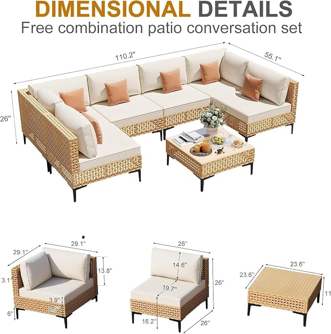 Restland 9 Piece Patio Furniture Wicker Modular Design Outdoor Sectional with Thick Cushion Large Patio Set Modern Boho Outdoor Conversation Set for Backyard, Porch