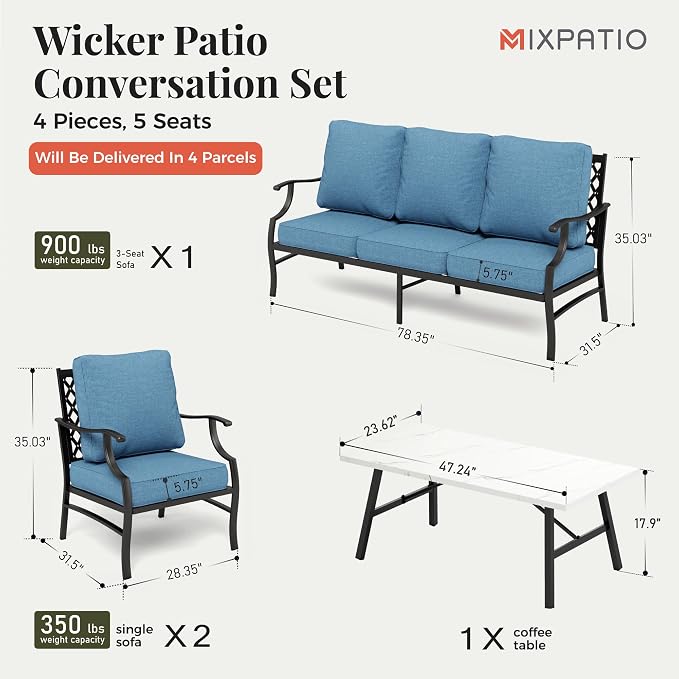 MIXPATIO Patio Furniture Set 4 pcs, Metal Outdoor Patio Furniture, 3-Seat Sofa, 2 Single Chairs, Coffee Table and 5.75" Extra Thick Cushion, Conversation Set for Backyard Deck, Navy Blue