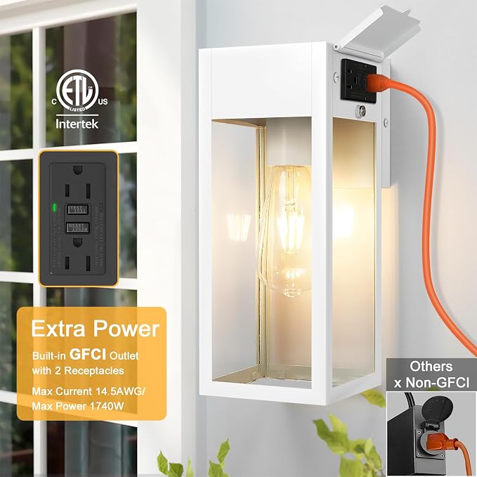 Porch Lights Outdoor Wall Sconce, Outdoor Light with GFCI Outlet, Waterproof Exterior Wall Lantern Light Fixtures, Anti-Rust Wall Lamp for Patio Doorway Garage- White, 1 Pack
