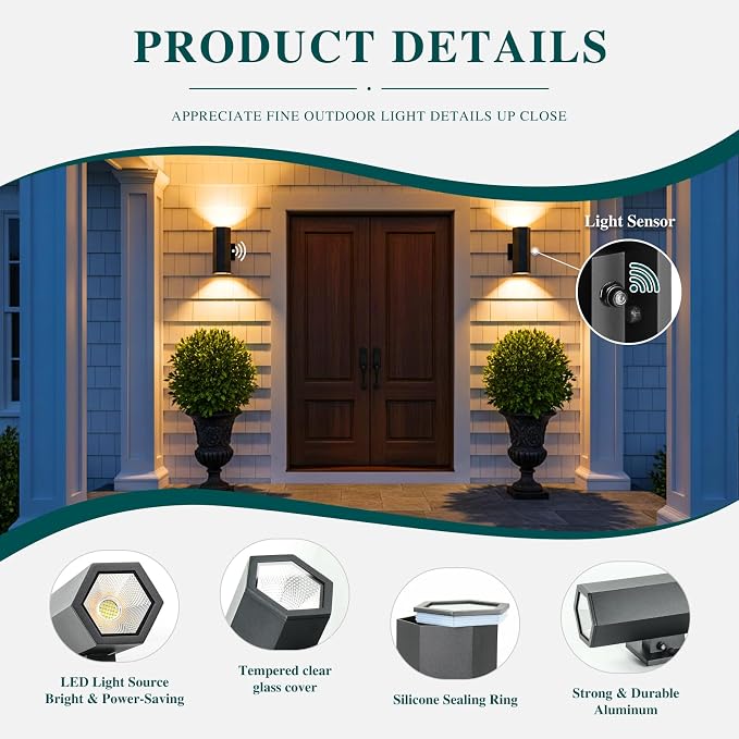 1 Pack Dusk to Dawn LED Outdoor Wall Lights, 3000K Warm White porch light | ETL Certified Matte Black Aluminum Wall Sconce, IP65 Waterproof Exterior Light Fixture for Front Porch, Garage, Patio, House