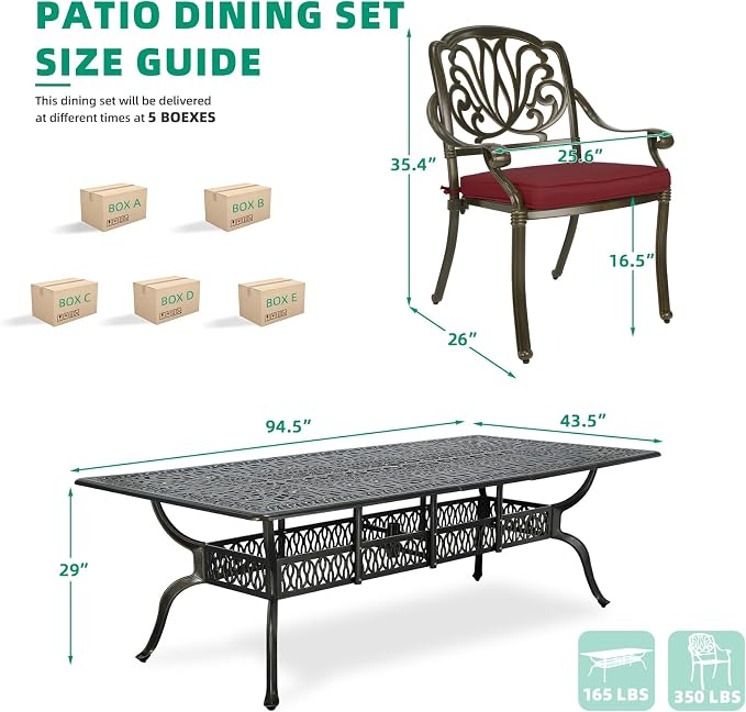 VIVIJASON 9-Piece Outdoor Dining Set, All Weather Cast Aluminum Retro Patio Furniture Table and Chairs Set for 8, Include 94.5" Rectangular Dining Table and 8 Chairs with Umbrella Hole, Red Cushion