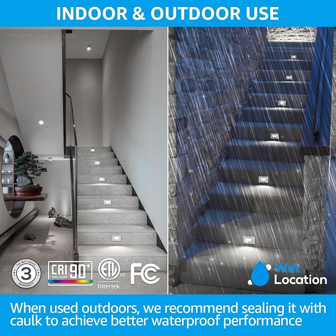 LEONLITE 3-Pack 5CCT 120V LED Step Lights, Horizontal, White | 150LM, 5%-100% Dimmable, CRI90, ETL, Indoor Outdoor Stair Lights, Wet Location, 2700K/3000K/3500K/4000K/5000K, Aluminum