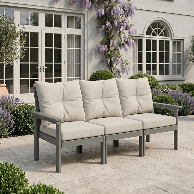 HDPE 7 Piece Patio Furniture Set, All-Weather Outdoor Couch Set with Thick Cushions & Table & Umbrella, Patio Conversation Sets for Lawn, Garden, Porch, Balcony, Deck, Poolside, Grey & Beige