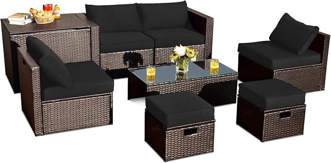 Tangkula 8 Piece Patio Furniture Set, Patiojoy Outdoor Space Saving PE Rattan Sectional Sofa Set for 6 with Waterproof Cover, for Garden, Deck, Poolside and Balcony (Black)