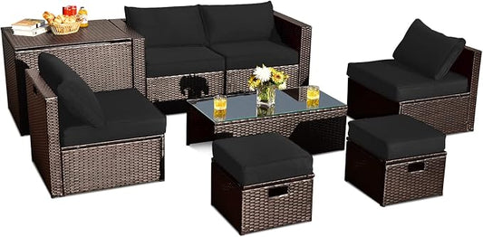 RELAX4LIFE 8-Piece Patio Furniture Set - PE Wicker Conversation Set w/Cushions, Pillows, Tempered Glass Table, Storage Box, Outdoor Sectional Sofa Set for Yard, Deck (Black)