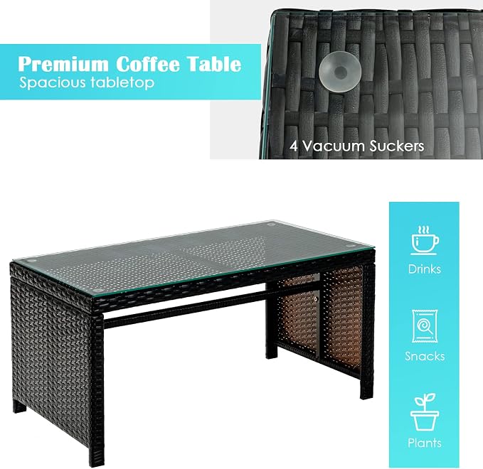 Tangkula 8 Pieces Rattan Furniture Set, Outdoor Conversation Set w/Chair & Loveseat & Tempered Glass Coffee Table, Suitable for Garden, Backyard, Poolside, Patio Furniture Set for 8 (2, Turquoise)