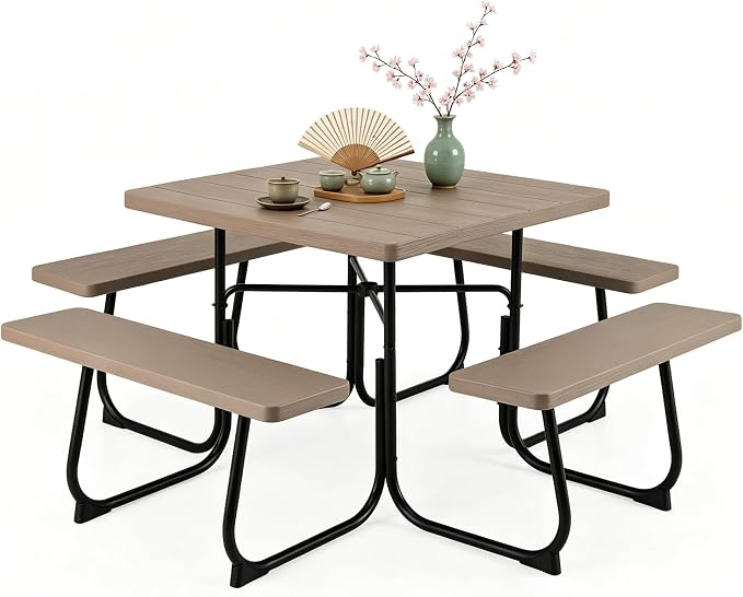 Tangkula 8 Person Picnic Table, Outdoor Square Picnic Table with 4 Built-in Benches, Umbrella Hole, Metal Frame & HDPE Tabletop, Outside Table and Bench Set for Backyard, 2300lbs Weight Capacity