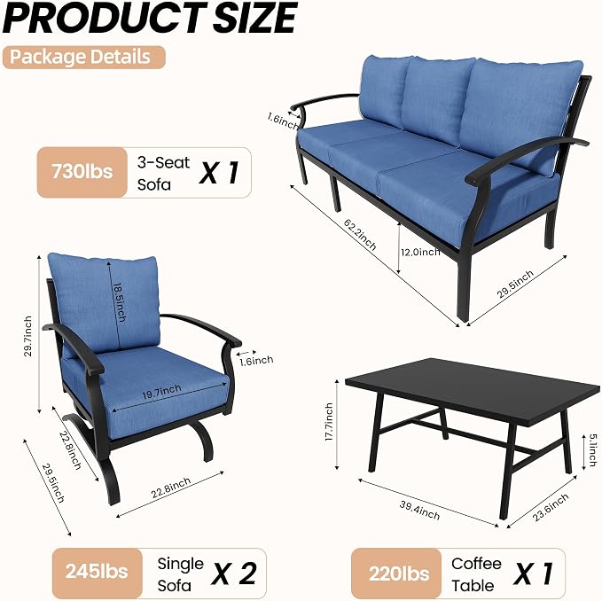 Metal Patio Furniture Set, 4 Piece Outdoor Sectional Conversation Sofa Set, 3-Seat Sofa w/2 Single Sofas and Coffee Table, Garden, Porch, Balcony, Deck, Navy Blue