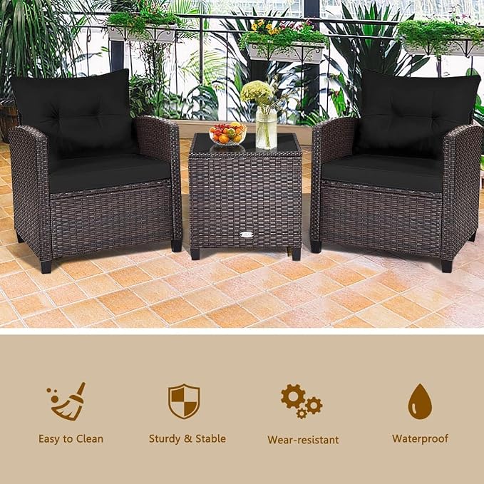 HOMGX 3 Pieces PE Rattan Wicker Patio Sofa Chairs, Outdoor Furniture Conversation Sets with Washable Cushion & Glass Table, Rattan Sofa Set for Balcony, Porch, Yard, Backyard, Lawn, (Black)