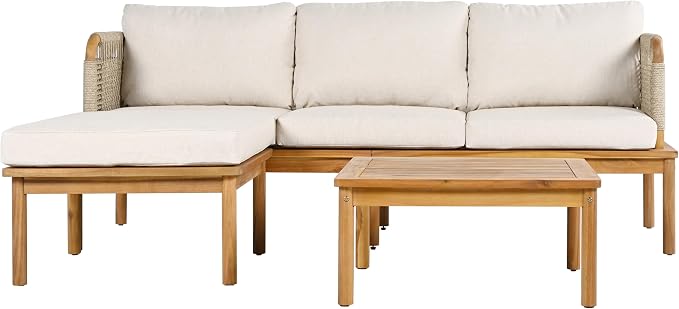Merax Outdoor 3-Piece Acacia Wood & Rope Patio Sofa Set with Ottoman and Table, Water-Repellent Cushions, for Garden & Patio