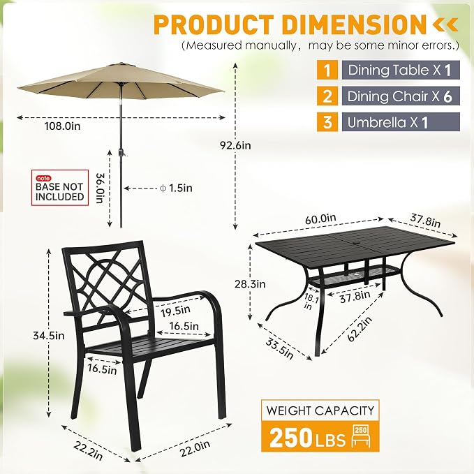 SUNCROWN 8-Piece Outdoor Wrought Iron Chairs and Table Patio Dining Furniture Set - 6 Stackable Metal Chairs, 1 Steel Slat Bistro Table and 1 Brown 9Ft Patio Umbrella for Garden Backyard Deck