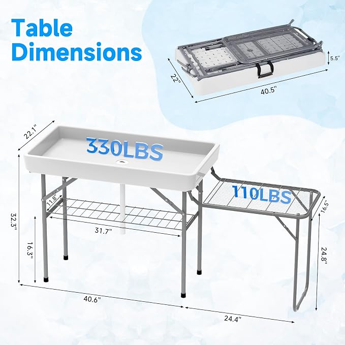 Folding Ice Cooler Table with Metal Side Desktop, Skirt &Drain Hose Plastic Chill Table to Keep Drinks Cool, Portable Self-Serving Beverage Cooling Bar for Parties, Picnics, Barbecues(White