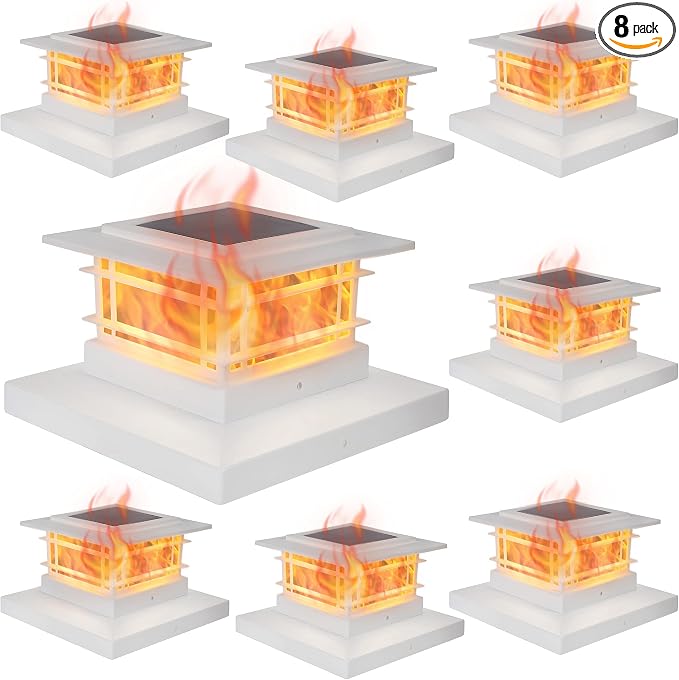 Dynaming 8 Pack Solar Post Cap Lights Outdoor with Flickering Flame Light, White Shell Fence Post Solar Lights Fit 4x4 5x5 Vinyl/Wooden Posts, Brightness LED Lighting Decor for Garden Deck Patio