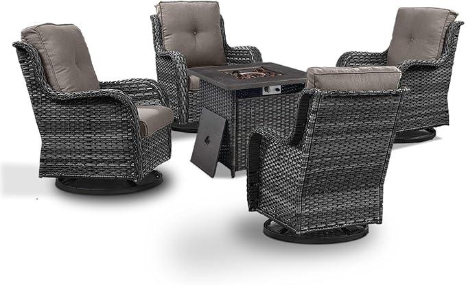 Wicker Patio Furniture Set- 4 Pieces Outdoor Swivel Rocker Chairs with 50,000 BTU Fire Pit Table,PE Rattan Outdoor Conversation Set for Garden Porch Deck