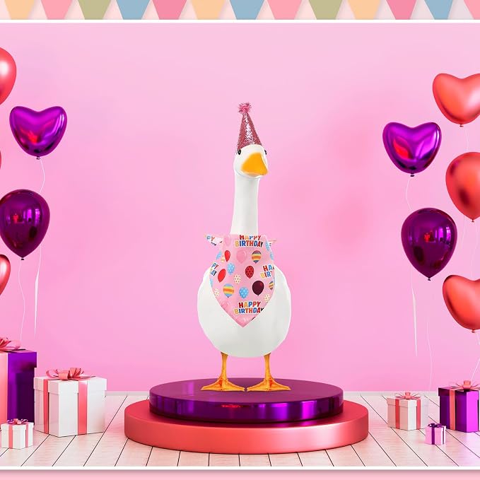 Happy Birthday Goose Outfit with Glitter Hat and Bandana,Pink | for 23" 17" Cement Plastic Porch Goose, Outdoor Statue Patio Yard Lawn Art