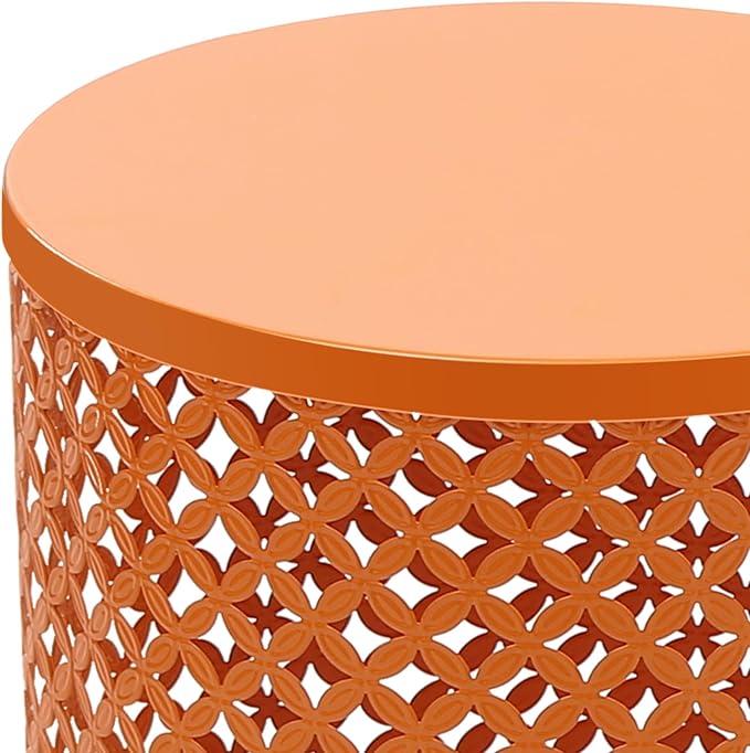 2 Pcs Metal Outdoor Side Table Set, Space-Saving Accent Table with Vintage Openwork Design, Modern Round End Table for Patio, Balcony, Living Room (Orange)