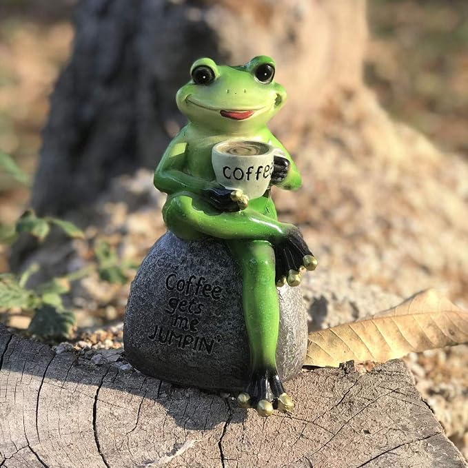 OwMell Frog Statue for Garden Decor, Drinking Coffee Green Frog Figurine | This creative frog ornament brings a lot of vigour to your yard or garden. Garden Decoration Resin Sculpture 6 Inches Gift