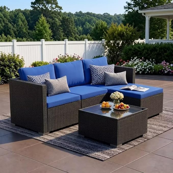 WWR Patio Furniture Set 5 Piece - Wide Armrests - All-Weather Wicker Rattan Outdoor Conversation Couch Sets, Modular Sectional Sofa for Garden, Patio, Poolside, Backyard, Balcony, Porch