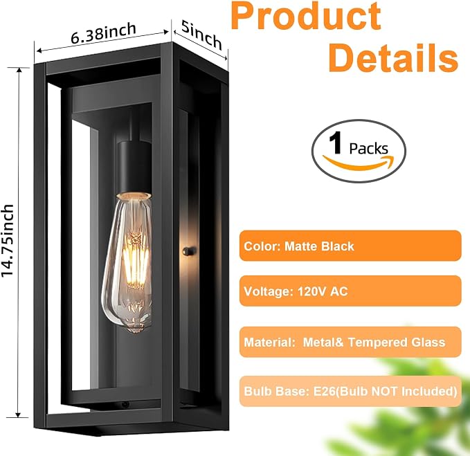 15" Large Outdoor Light Fixture Wall Mount, Matte Black Outdoor Sconce Lights, Modern Waterproof Exterior Porch Lights with Clear Glass Shade for Front Door, Garage, 1 Pack