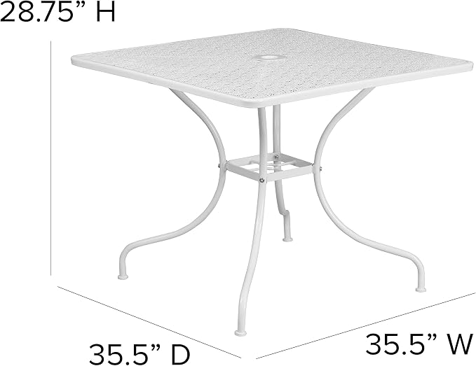 BizChair Commercial Grade 35.5" Square White Indoor-Outdoor Steel Patio Table with Umbrella Hole