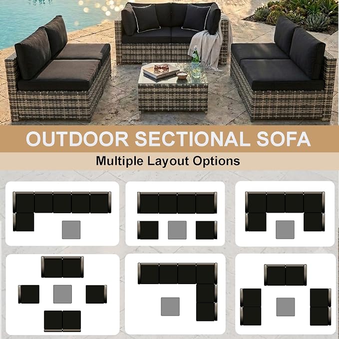 KIGOTY 7-Piece Patio Furniture Set, All-Weather PE Rattan Outdoor Sectional Sofa, Modular Wicker Conversation Set with Thick Cushions & Easy-Clean Coffee Table（Beige Black/Black）
