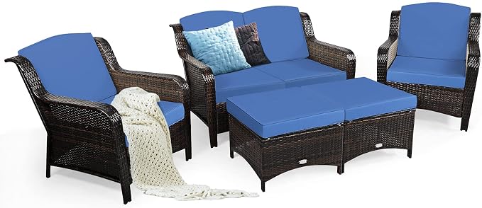 COSTWAY 5PCS Patio Wicker Rattan Furniture Set, Loveseat Sofa with Ottomans and Cushioned Chairs, Conversation Sets for Outdoor Garden Backyard