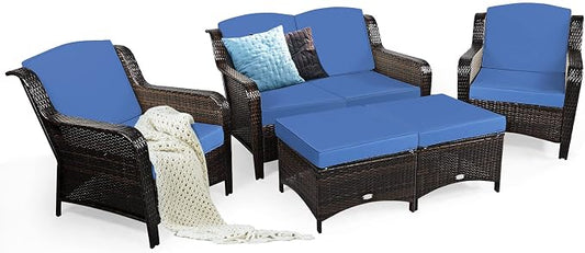 COSTWAY 5PCS Patio Wicker Rattan Furniture Set, Loveseat Sofa with Ottomans and Cushioned Chairs, Conversation Sets for Outdoor Garden Backyard