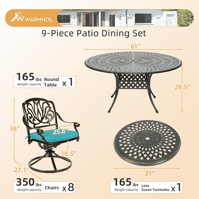 9-Piece Patio Furniture Dining Set, Cast Aluminum Outdoor Conversation Set- 61" Round Patio Dining Table with Detachable Lazy Susan & 8 Cushioned Swivel Rocker, Umbrella Hole, Ocean Blue