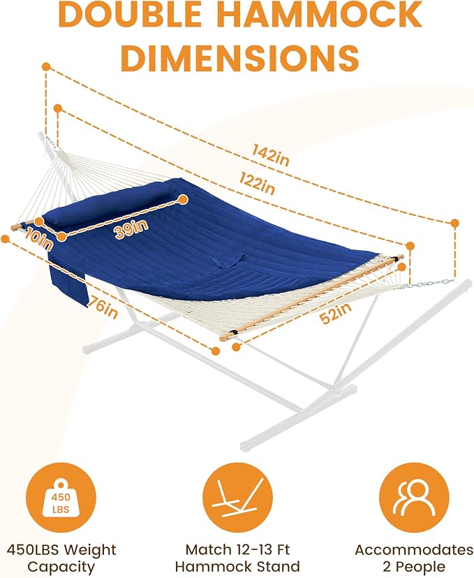 Lazy Daze Hammocks Rope Hammock with Pad, Spreader Bar, Carabiners, Tree Straps, Chains for Outside Patio- Max 450 Lbs, Blue