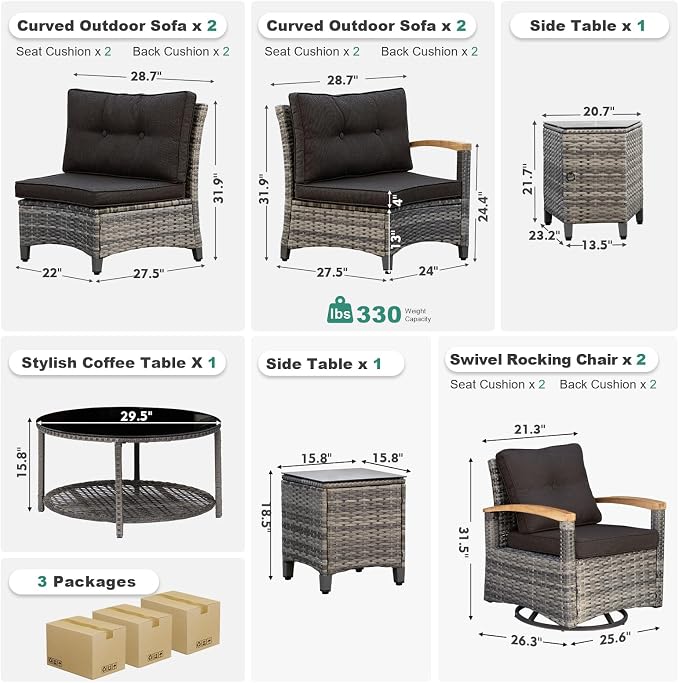 MEISSALIVVE 9-Piece Half-Moon Curved Outdoor Patio Furniture Set, Sectional Conversation Sofa with 2 Swivel Glider Chairs, Coffee & Side Tables for Backyard Deck Garden, Black