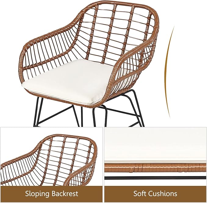 DORTALA 3 Piece Patio Bistro Set, Outdoor Wicker Furniture with Round Tempered Glass Top Table & 2 Rattan Armchairs, Cushions, Conversation Set for Porch, Backyard, Garden, White